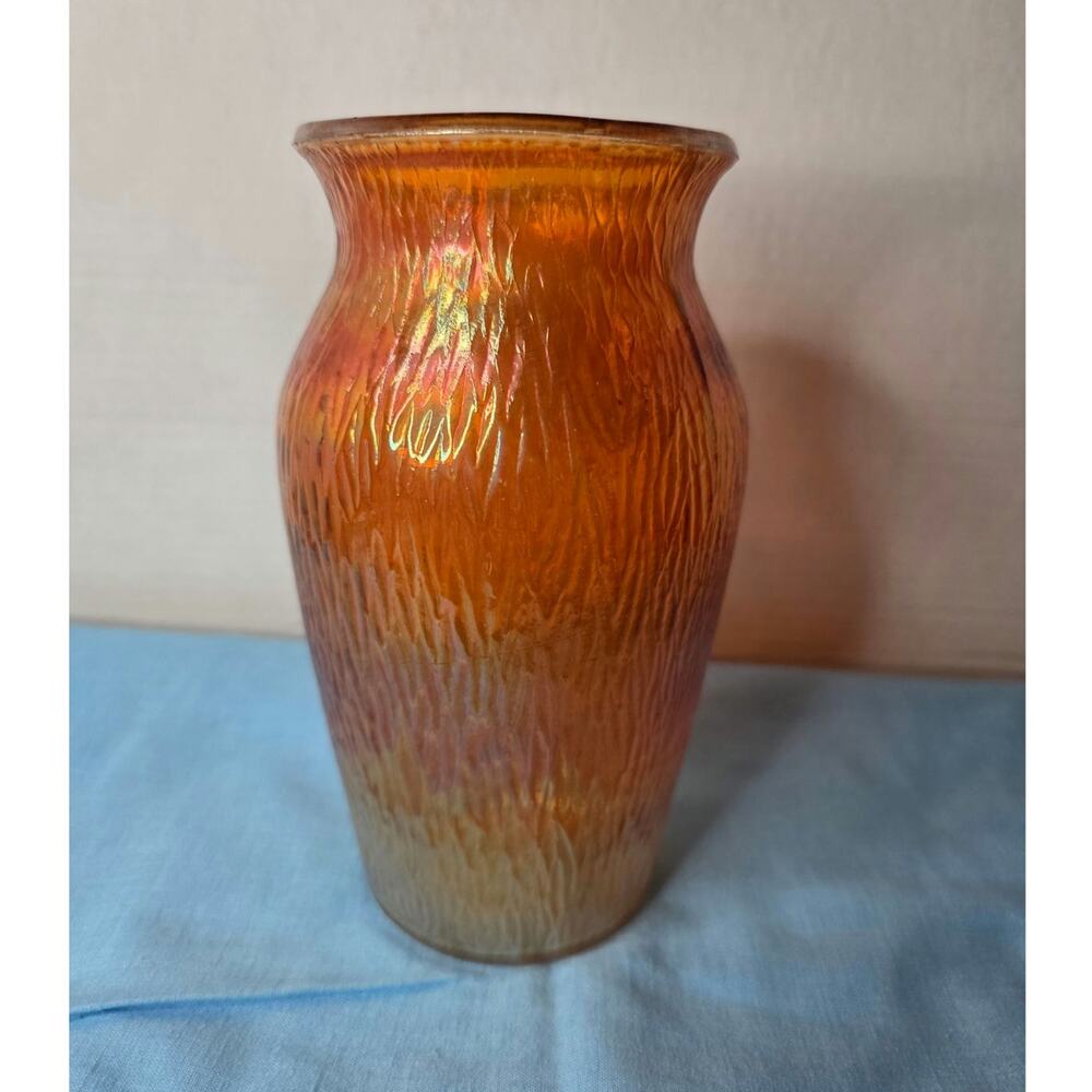 Jeannette Tree Bark Marigold Carnival Glass Vase 8" Vintage Iridescent
